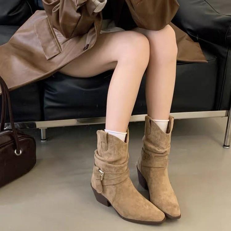 Женские замшевые ботильоны Слипоны Женские элегантные на квадратном каблуке Ретро Заостренный носок Женские ботинки до середины икры Обувь Зимняя обувь 9
