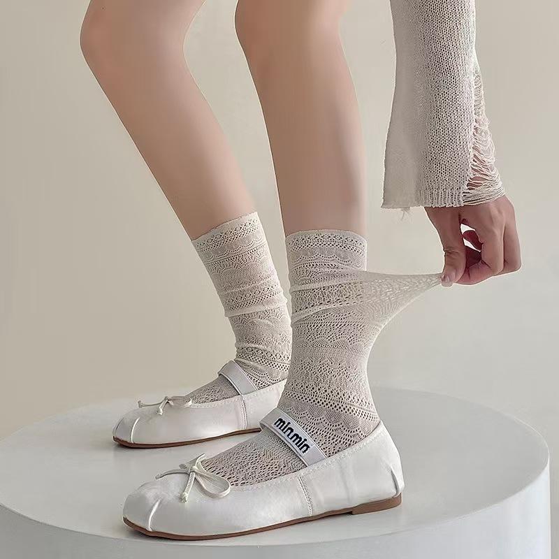 Womens Thin Mesh Breathable Midcalf Lace Socks With Mary Jane Lace Trim Hollowout Lace And Bowknots