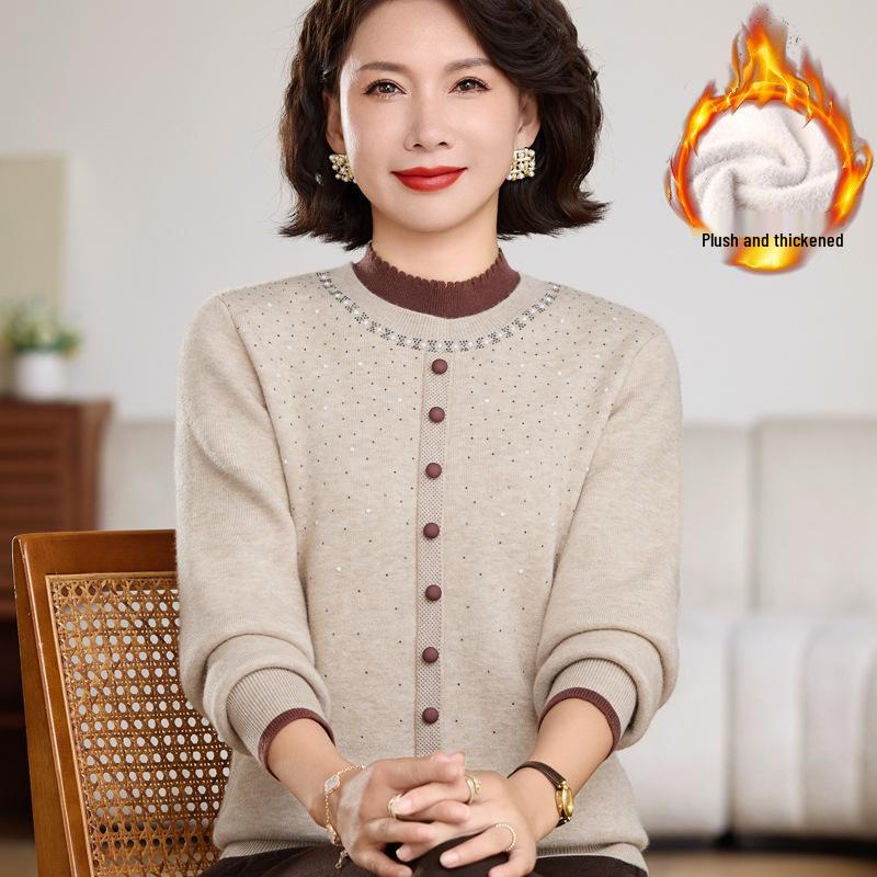 Elegant Winter Half-Collar Knit Sweater for Middle-Aged & Older Women – Velvet-Lined and Warm Two-Piece Look