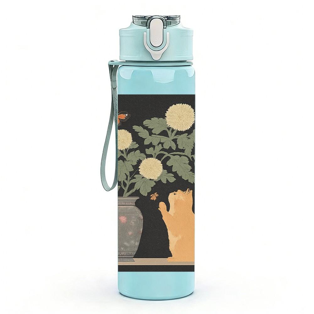 1PC Flower Vase Hand Painting 750ml Color Plastic Sports Water Bottle Leakproof Flip Straw Lid Suitable for Sports Office Home Use