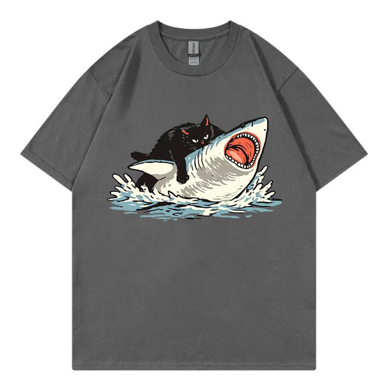 Funny Cat Riding Shark Graphic T Shirts High Street Fashion Trend Short Sleeve Tshirts Unisex Unisex Casual Loose Cotton Tshirt