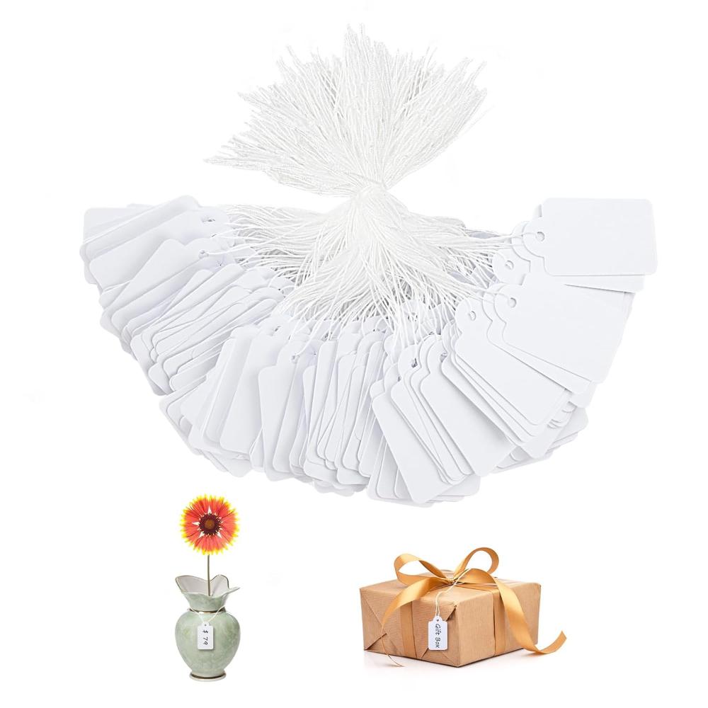 1000 шт. Ценники с прикрепленной веревочкой, 1,8 x 1 дюйм Маленькие пустые бирки для маркировки, Белые бирки для маркировки товаров с веревочкой, Бумажная бирка для подарка