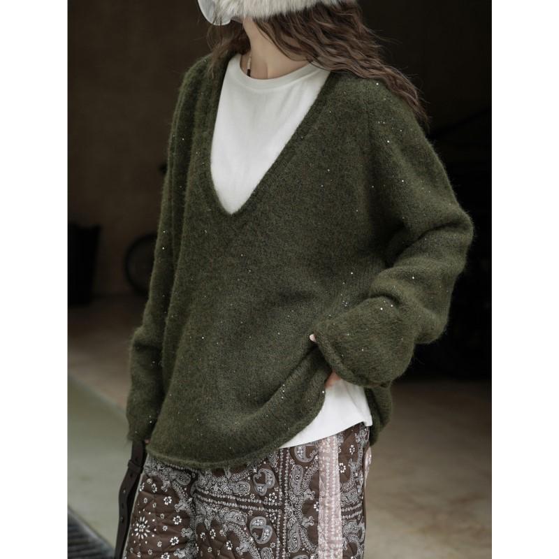 Johnature Зимний корейский стиль V-образный вырез вязаный свитер свободный повседневный пуловер простой зеленый женский свитер