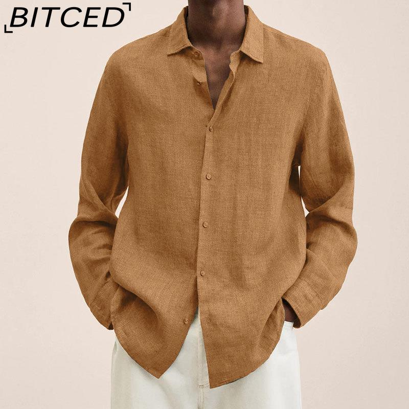 BITCED Кардиган-рубашка на пуговицах с длинным рукавом, свободного кроя, из смесовой хлопково-льняной ткани, для мужчин, на все сезоны