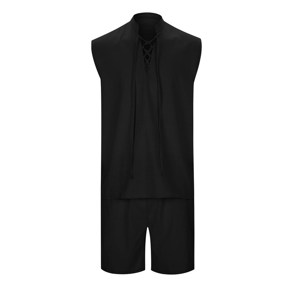 Мужской комплект из двух частей, без рукавов, на шнурке, с воротником-стойкой, топ, шорты с карманами, летний повседневный однотонный костюм