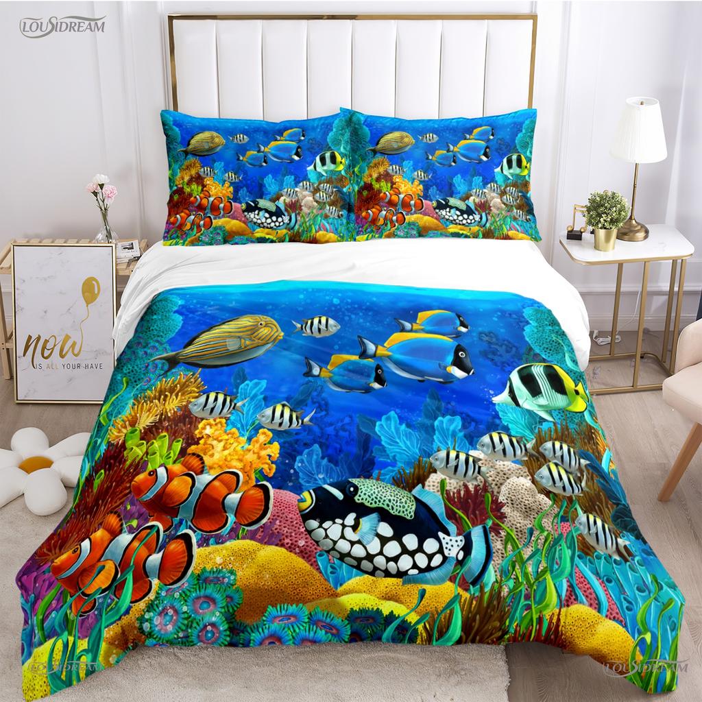 3D Ocean World Dolphin Whale Fish Duvet Cover Comforter Beding Set Soft Quilt Cover and Pillowcase for Single/Double/Queen/King
