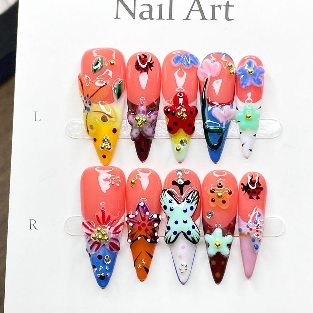 10 Pcs Long Stiletto Fake Nails With Colorful Flowers And Rhinestones Fresh Summer Wearable Acrylic Press On Nails