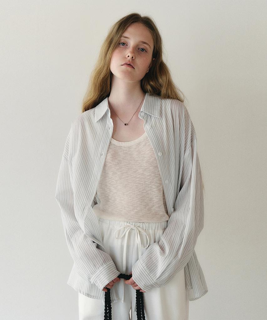 LOEIL Wide Cotton Striped Shirt - Sky Blue