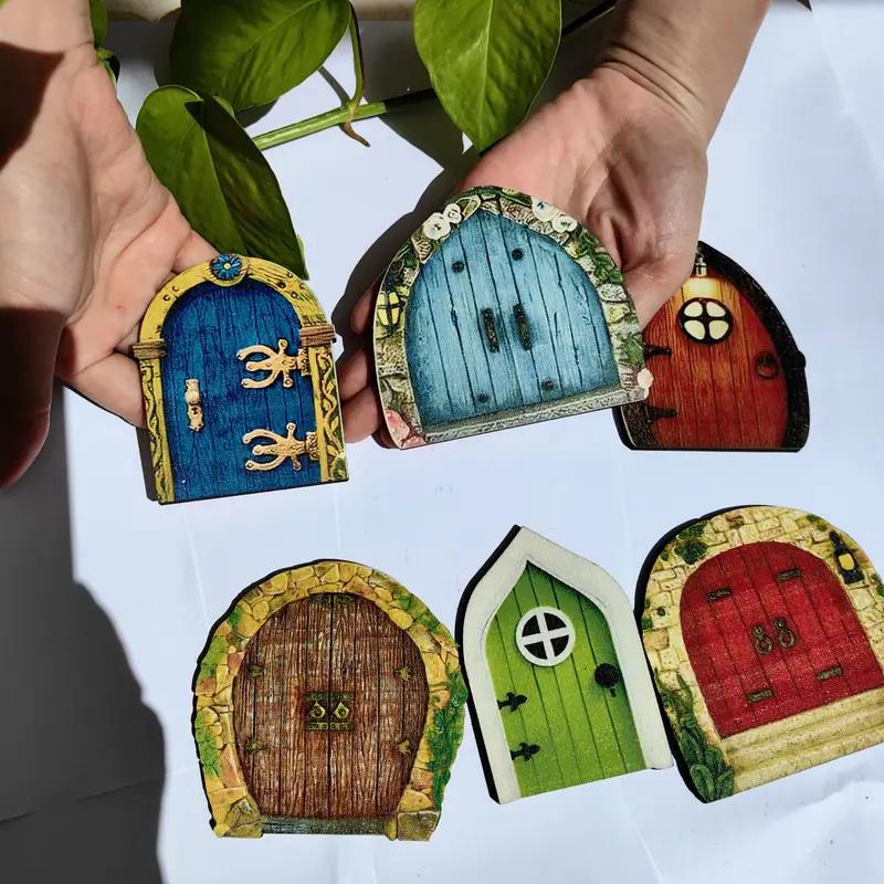 6Pcs Miniature Garden Fairy Door Gnome Elf Figurines Window Door Home Garden Ornaments Art Sculpture Tree House Door Statue