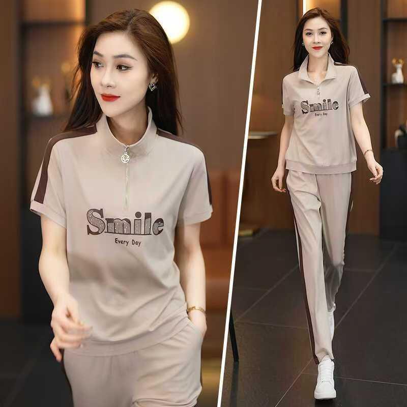 Trendy Summer Sweatshirt & Sportswear Set for Middle-Aged Moms - Loose, Slimming Casual Two-Piece 2025