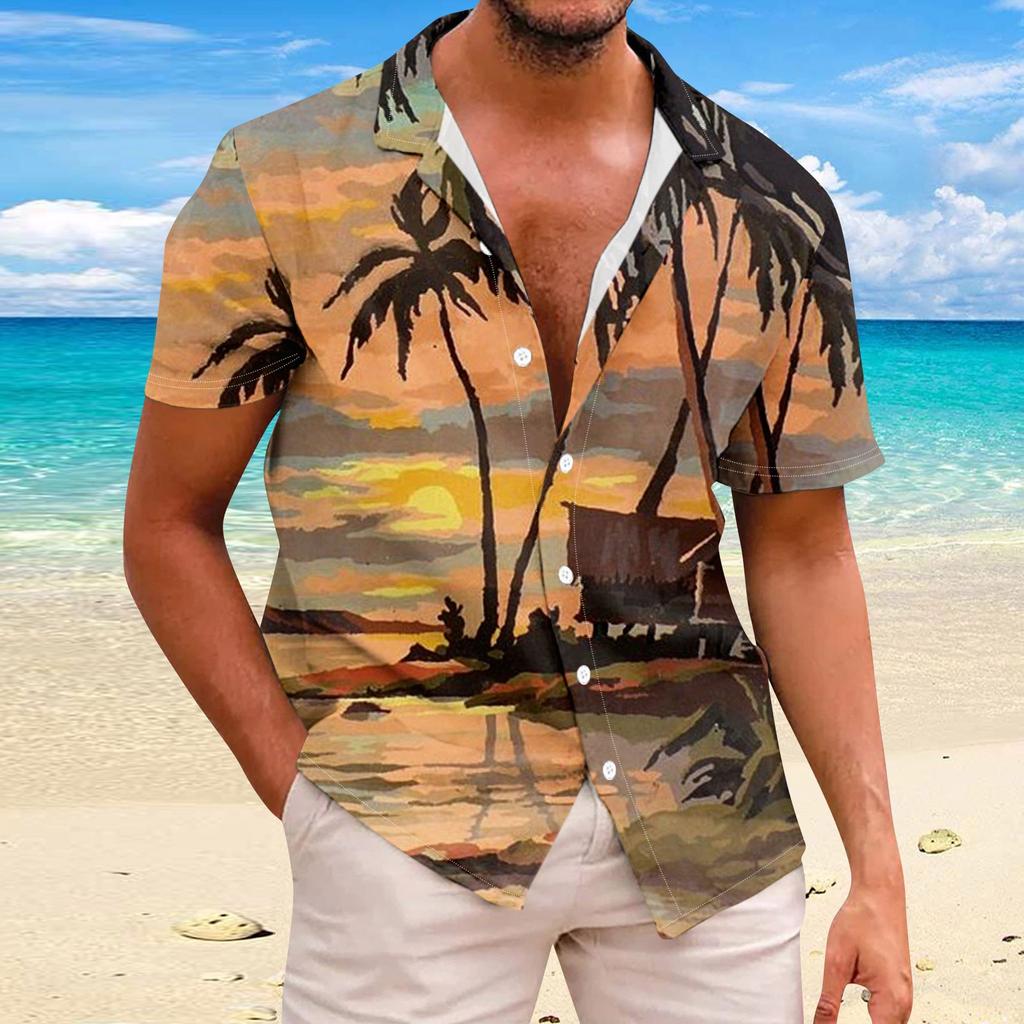 Гавайская рубашка для мужчин, повседневная модная летняя футболка с коротким рукавом и пуговицами, топ с принтом