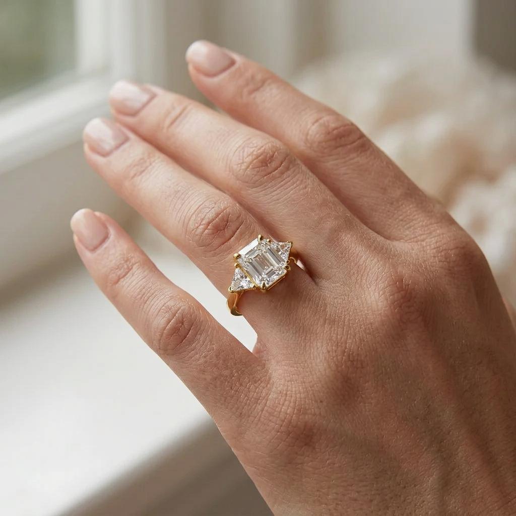 18K Gold Plated S925 Silver Emerald Cut Three Stone Moissanite Ring Triangle Side Stone Band Engagement Wedding Ring for Women