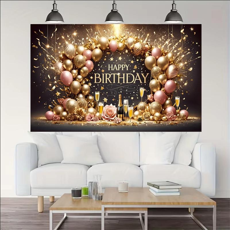 1Pc Happy Birthday Black Gold Balloon Background Wall Photography Mural Wallpaper Suitable for Family Birthday Party Decoration