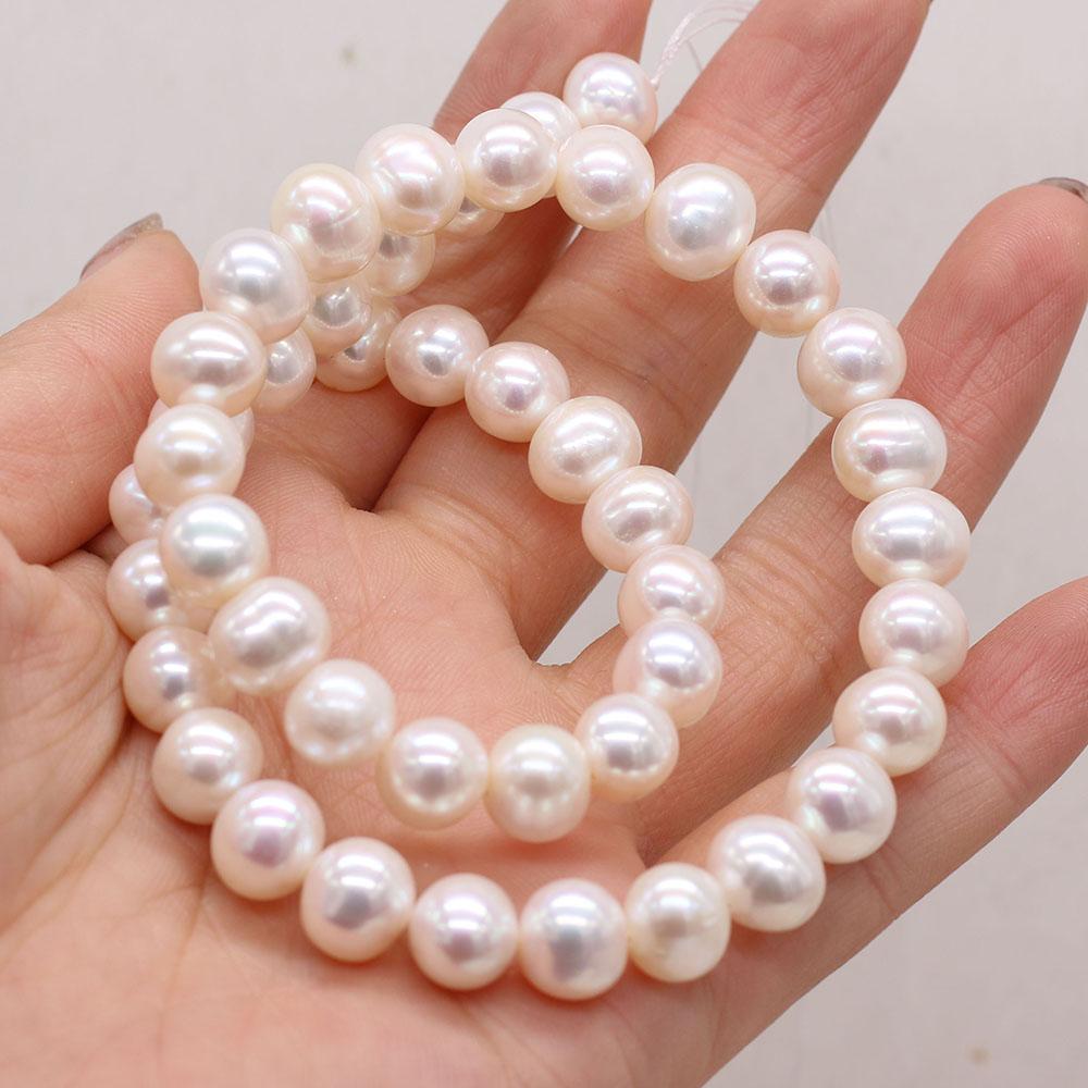 1 нить, белые натуральные пресноводные жемчужины почти круглой формы диаметром 9-10 мм, длина 36 см, бусины для изготовления украшений ручной работы, подарков к праздникам своими руками.