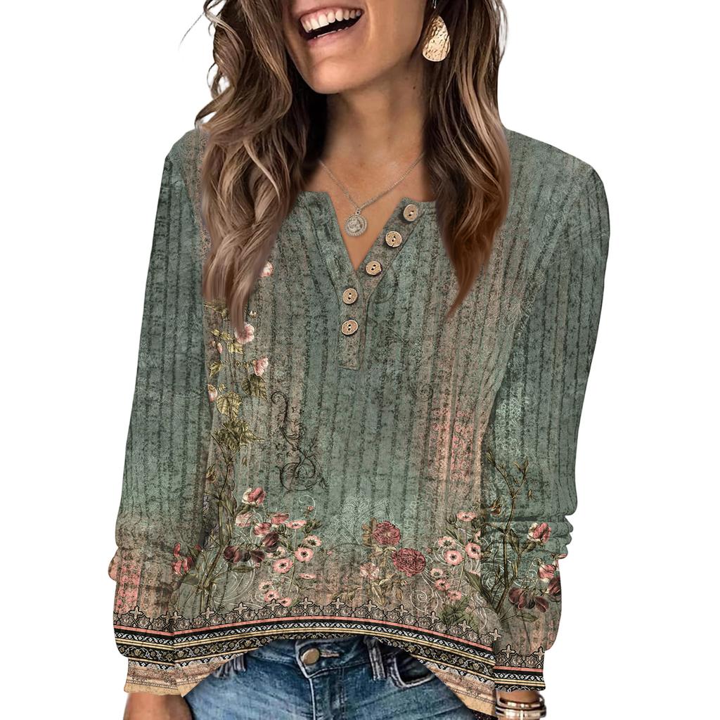 Женская модная футболка с V-образным вырезом на пуговицах и цветочным принтом, топ с длинными рукавами