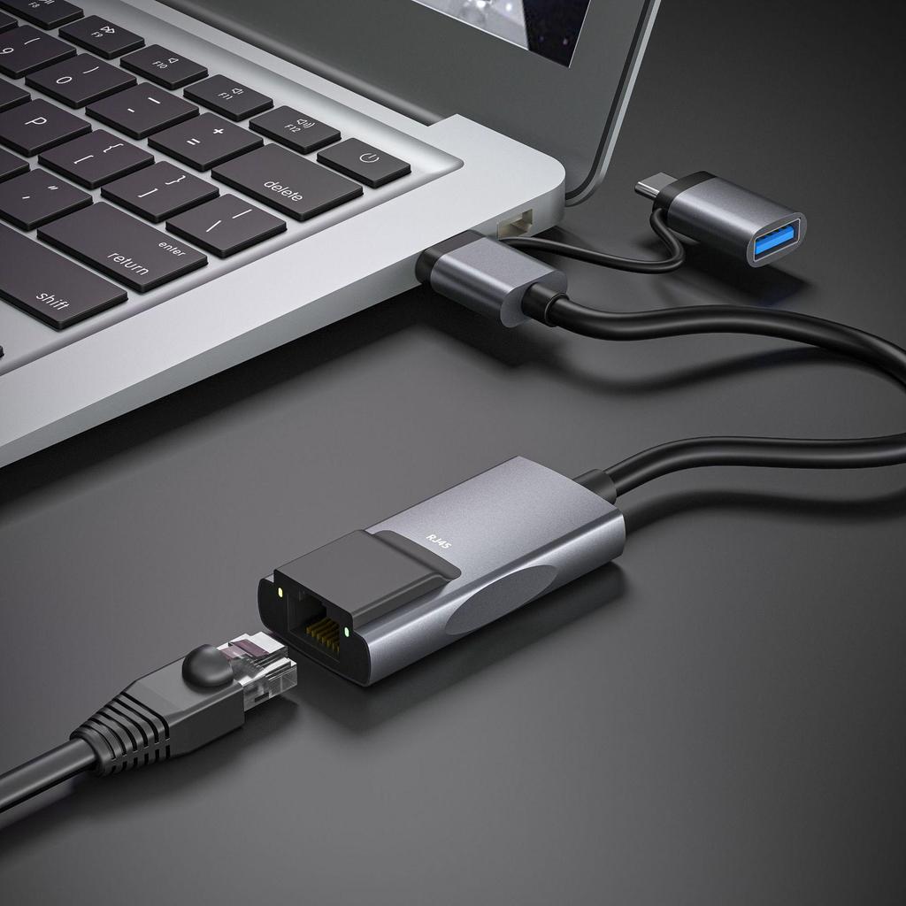 USB-C Aluminum Alloy Gigabit Ethernet Adapter with HUB