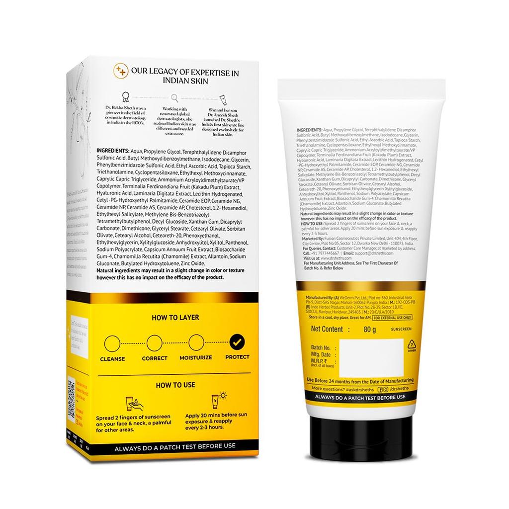 Dr. Sheth's Ceramide & Vitamin C Sunscreen SPF 50+ PA++++ Lightweight Non Greasy No White Cast For All Skin Types 80 g