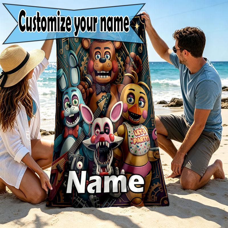 Custom Name Personalized Five Nights at Freddy's Print Beach Towel, for Trip Camping Beach Party Home Decor, Birthday Gift for Family & Friends