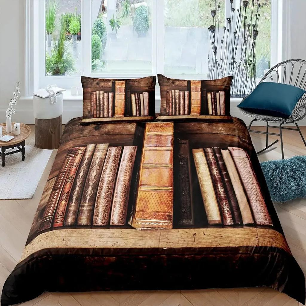 Books Lovers Gift Duvet Cover Set Full Size,Readers And Literary Lover Bedding Sets,Vintage Librarians Bookshelf Comforter Cover