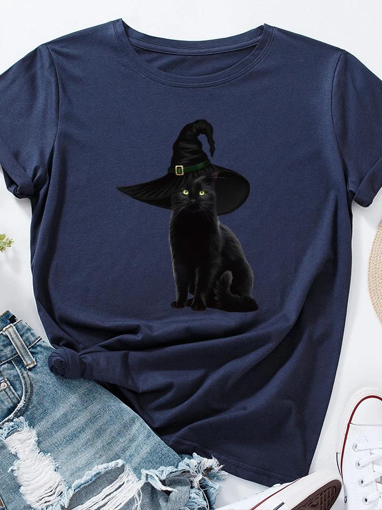 Волшебная шляпа с принтом черного кота женская футболка с коротким рукавом и круглым вырезом свободная футболка женская футболка топы camisetas mujer