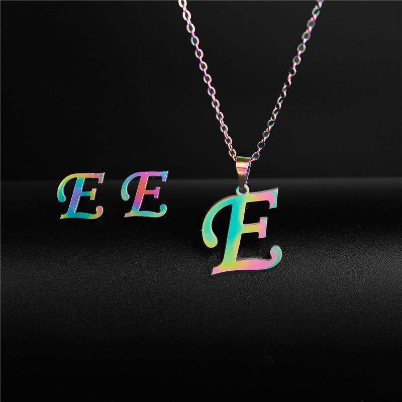 RUI RUI YU 26 Letter Colorful Stainless Steel Jewelry Sets for Women Men Alphabet Initial Chain Pendant Necklace Earrings Kids Gift