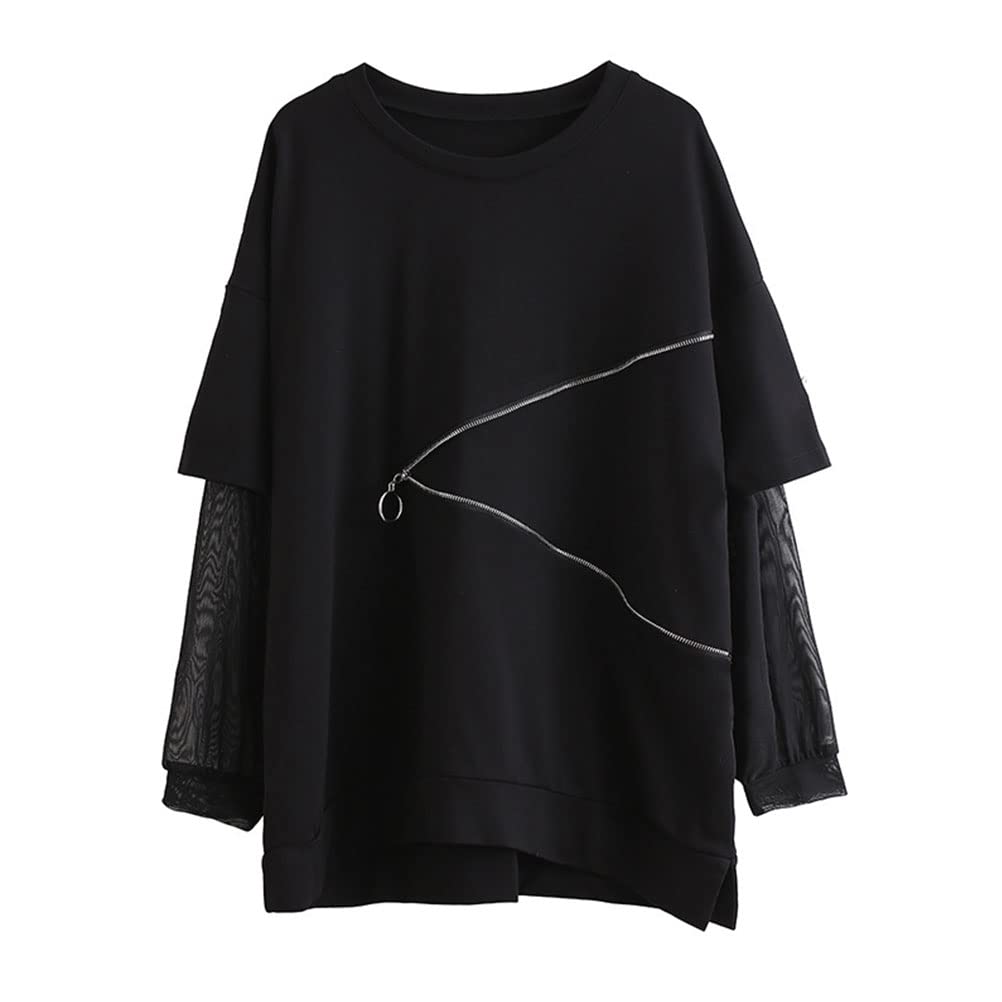 Morino Loose Fit with Tulle Striped Stylish Unique Long Women's T-Shirt Sleeves, Pattern, Streetwear, Style, Black, Spring/Summer (Black - Sleeve)
