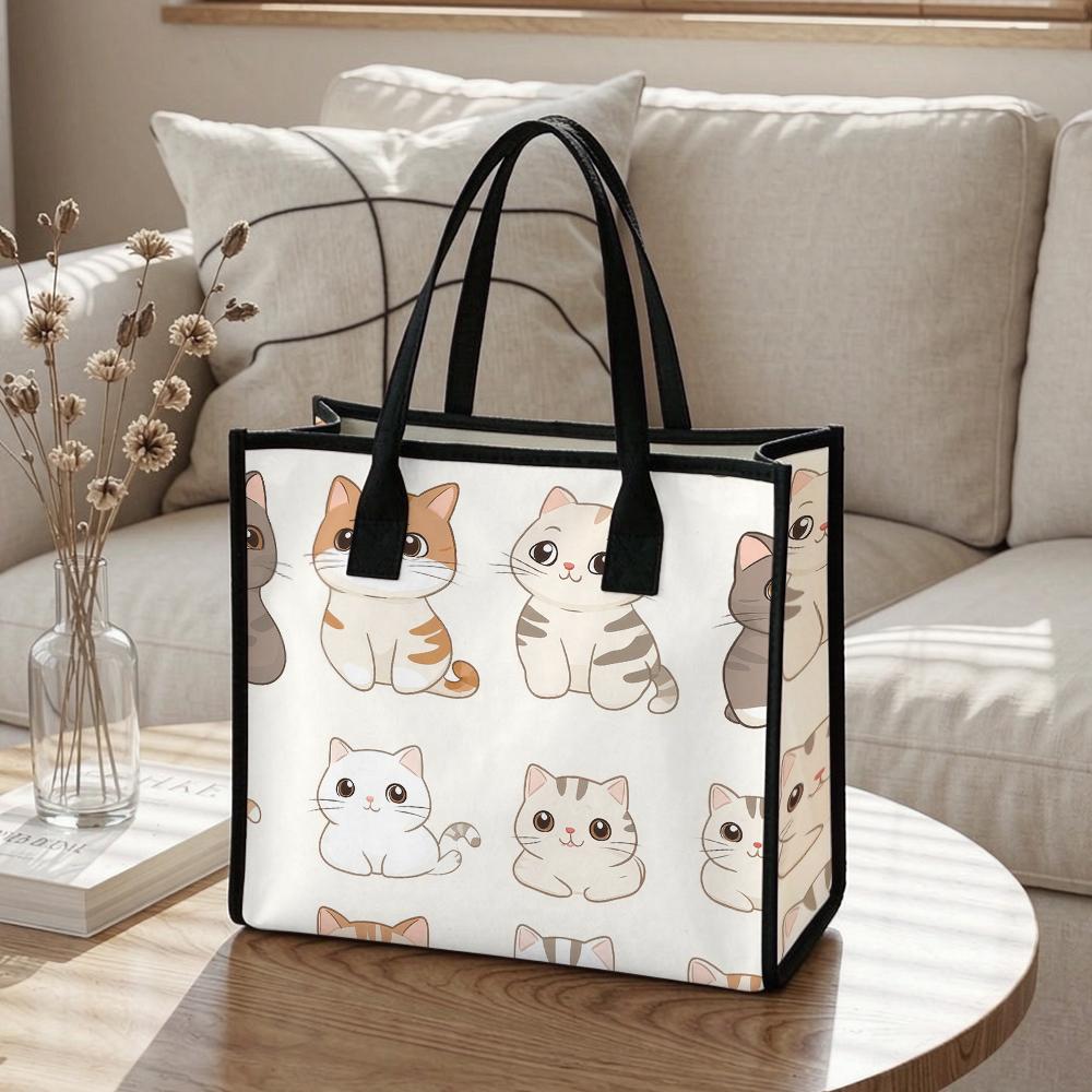 Cute Cat Printed Tote Bag Fashionable Casual Portable Large Capacity Daily Use Shopping Shoulder Handbag