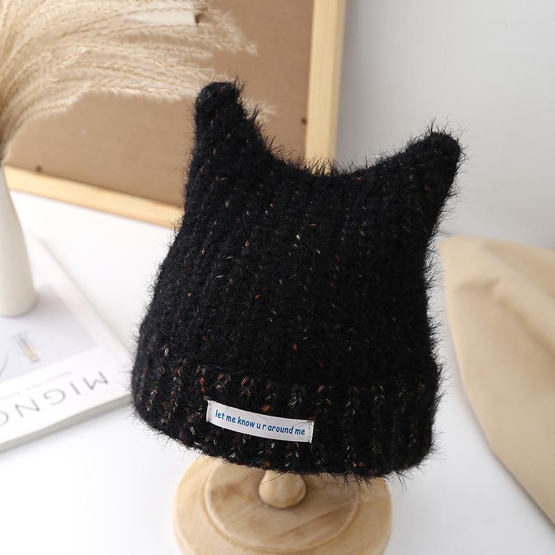 Autumn and winter warm plush knitted hat cute cat ears cover versatile cold hat showing face small wool hat woman
