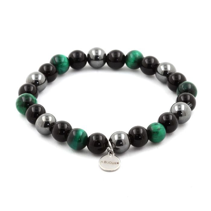 Pierres et Minéraux. Bracelet Perles Oeil de Tigre vert + Hématite + Agate noire 8 mm. Fabriqué en France.