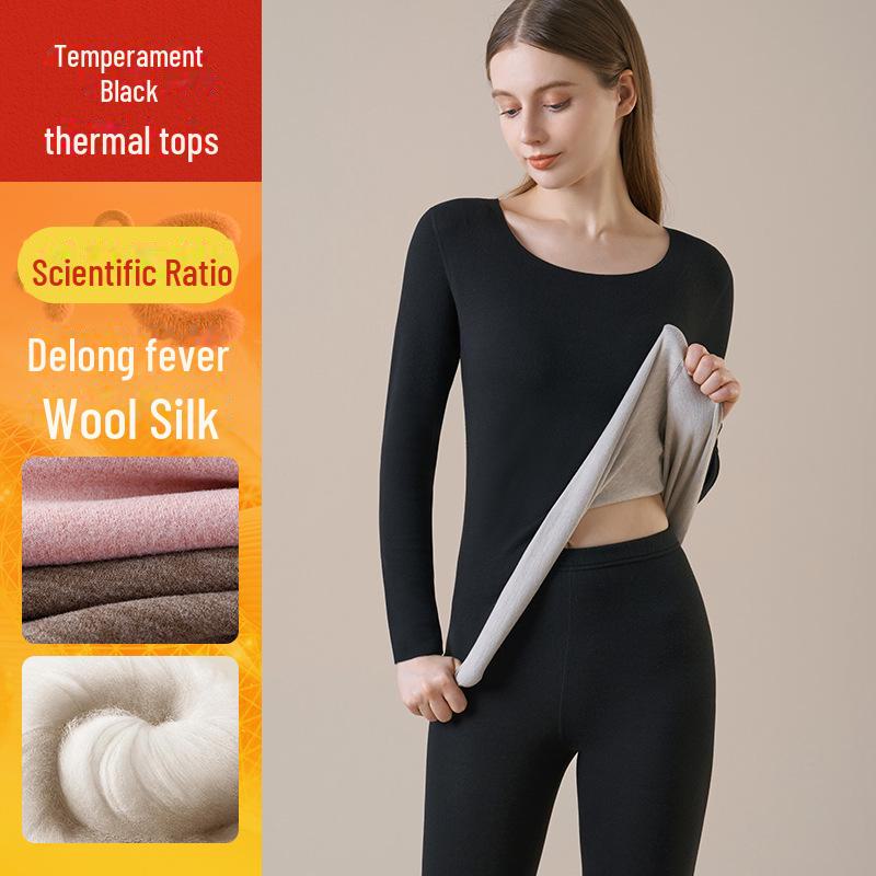 Женское термобелье из кашемира: Плюс бархатный, плотный бесшовный топ с круглым вырезом на осень/зиму.