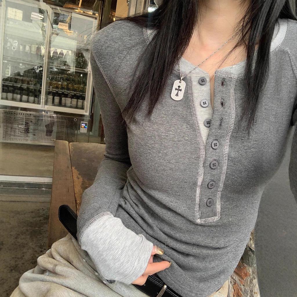Женская весенняя футболка с длинным рукавом, приталенная, с цветовыми блоками