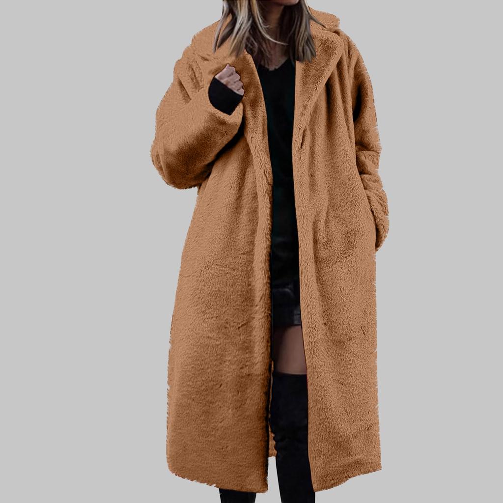 Women's Long Solid Color Fashionable Winter Loose Flip Collar Plush Jacket