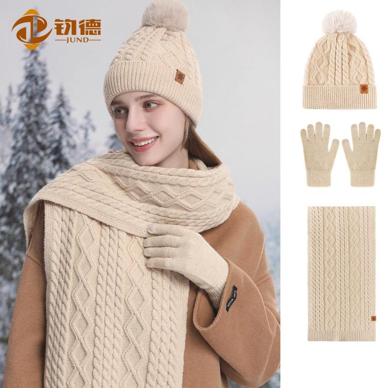 Womens Winter Alpaca Wool Knit Hat Scarf Gloves Set Warm Ear Protection Riding Accessory