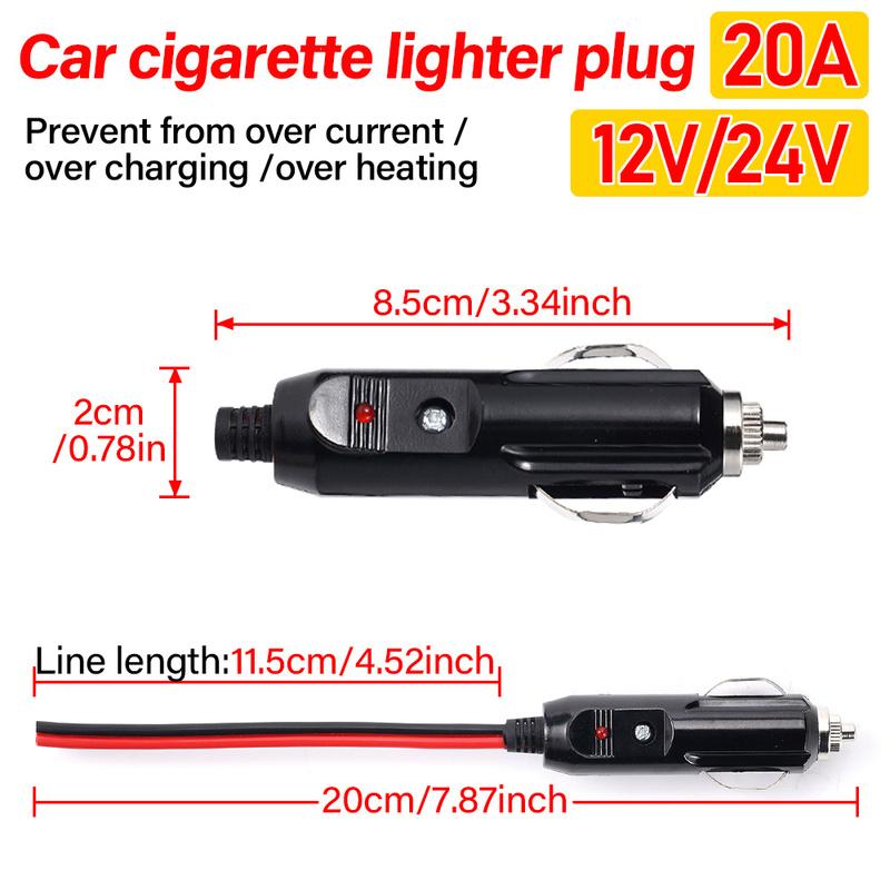 12V 24V Car Universal Cigarette Lighter Plug 20A Socket Plug Connector 16AWG PVC Coarse Copper Wire High Power With LED Light