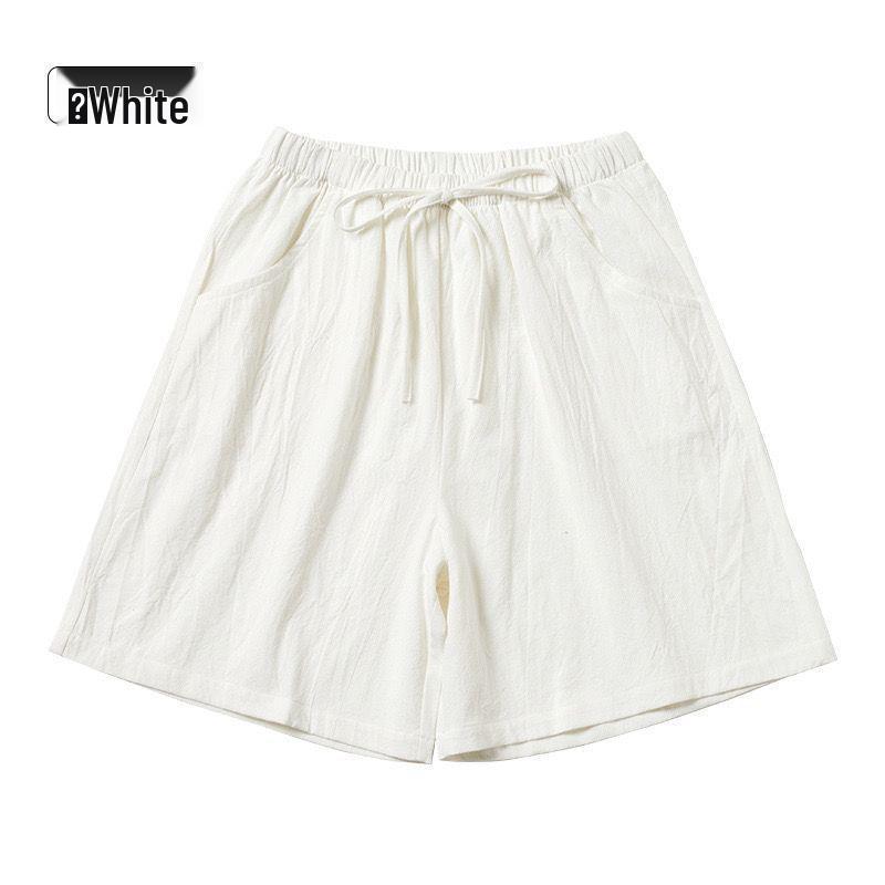 White High-Waisted Cotton-Linen Drawstring Shorts