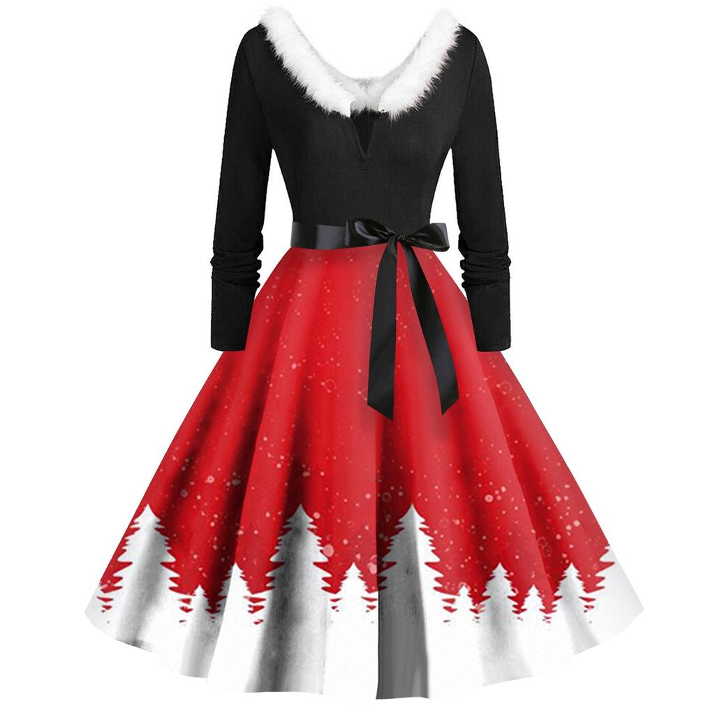 Женское винтажное платье с длинным рукавом и рождественским принтом в стиле 1950-х годов для вечеринки, выпускного вечера, для домохозяйки
