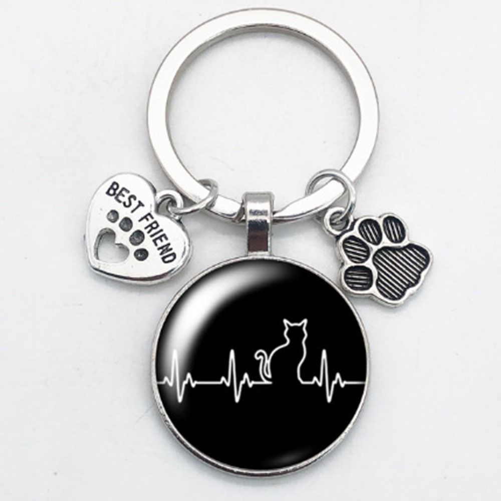Love Cat Pet Footprints Car Key Chain Cartoon Key Holder Fashion Glass Cabochon Key Ring Men Women