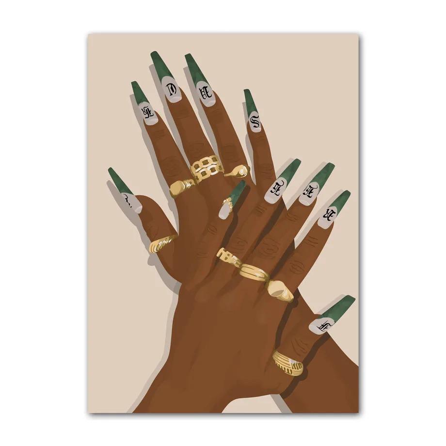 Черное искусство Мода Хип-хоп Девушка Маникюр Ювелирные изделия Губы Постер Африканская Черная Женщина Красивые Ногти Живопись Картинки Гостиная Салон Красоты Декор