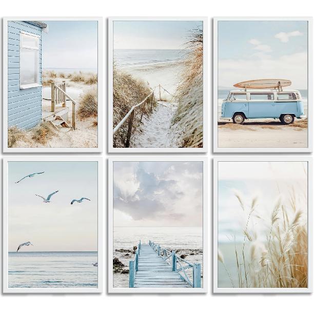 6Pcs Blue Coastal Beach Canvas Wall Art Summer Tropical Ocean Picture Wall Decor Nautical Surfboard Bus Posters Preppy Beach Painting Prints Artwork