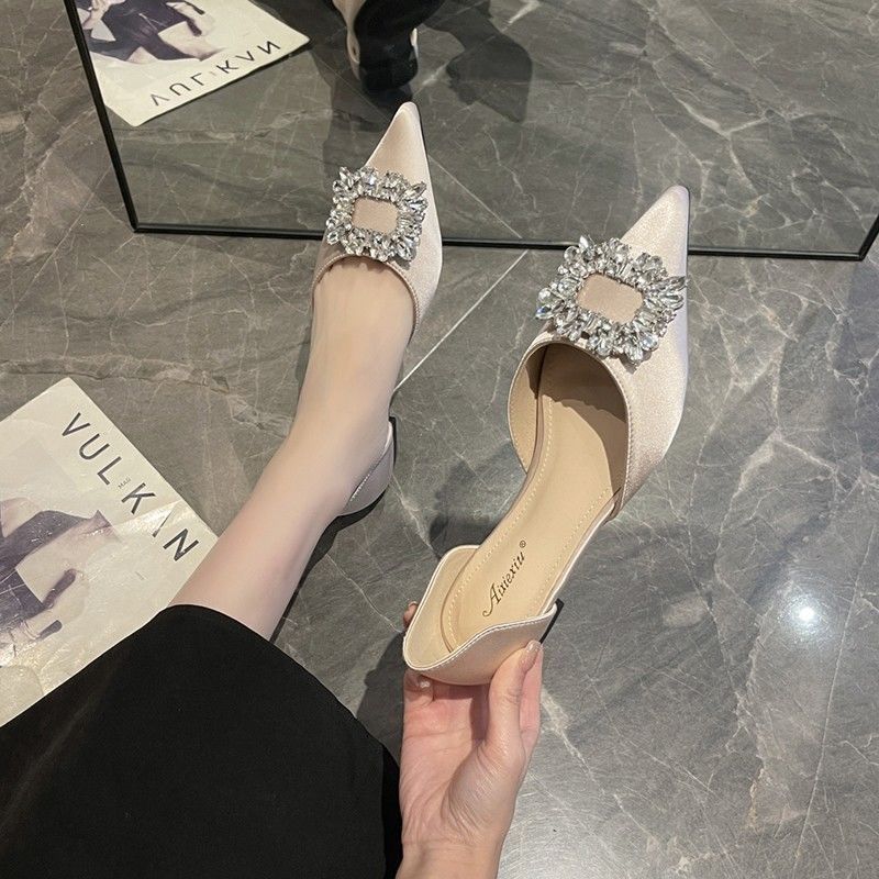 2024 летние популярные туфли со стразами и квадратной пряжкой, женские, новые, знаменитые, темпераментные, модные, универсальные, с заостренным носком, с неглубоким горлом, на плоской подошве