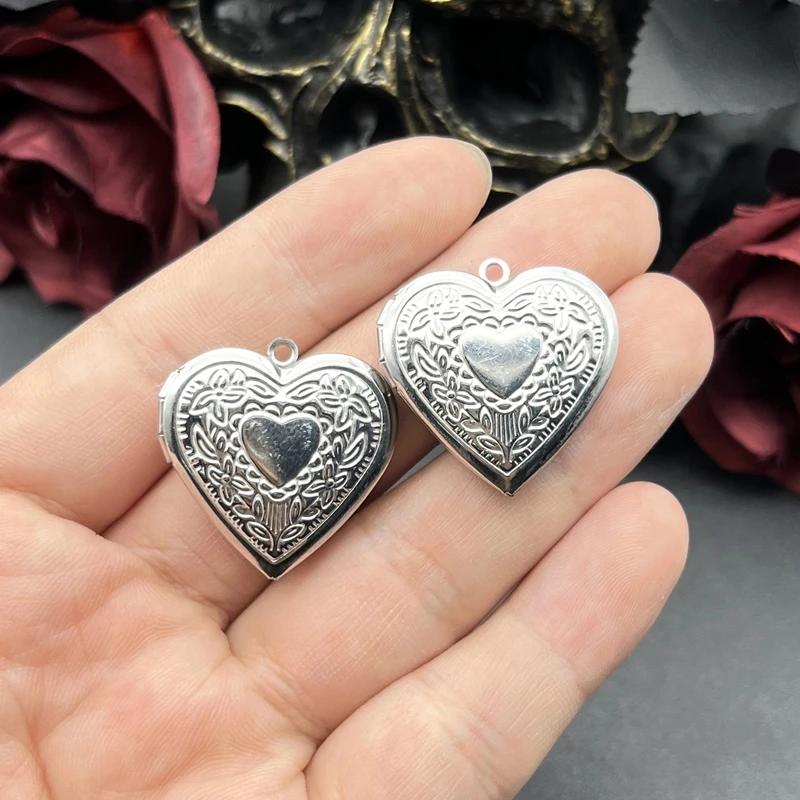 2pcs Stainless Steel Heart Box Vintage Reliquary Pendant Photo Locket DIY Necklace Handicraft Charm Jewelry Making Supplies