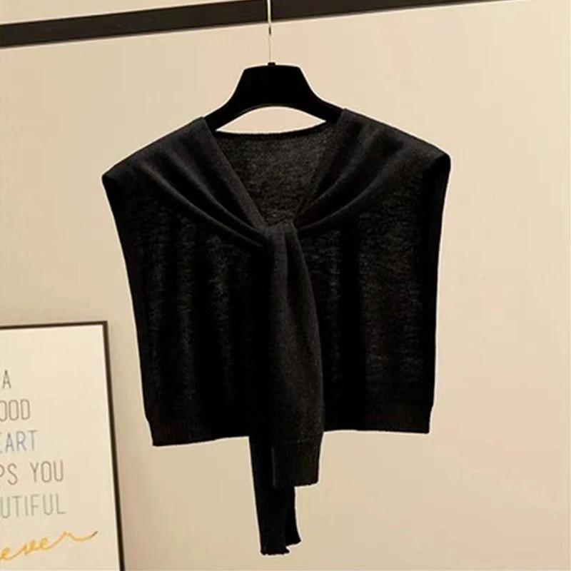 Korean Striped Knitted Warm Shawl Winter Female Blouse Shoulders Fake Collar Cape Knotted Scarf Stripe Outerwear