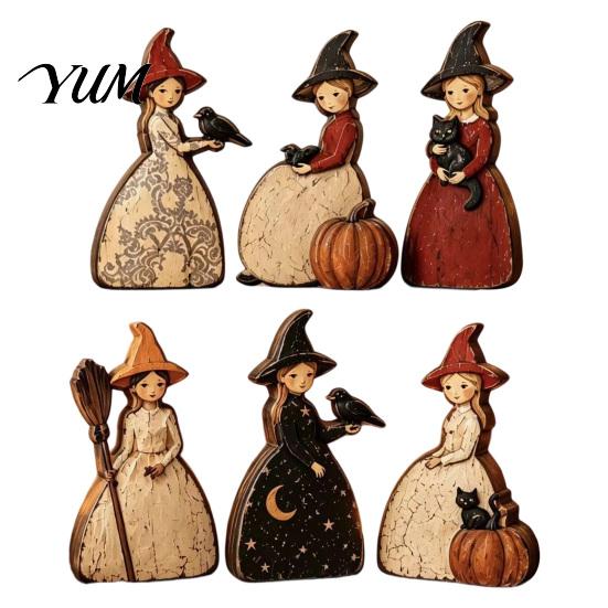 Black Cat And Crow Holiday Accents Halloween Wooden Witch Ornaments, Distressed Figurines, Retro Tabletop Fall Mantel Display Wood Crafts Decoration