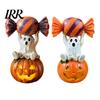 Cute Pumpkin Decor Halloween Ghost Figurine, Sitting on Holding Candy Fall Seasonal Accents Statue, Spooky Resin Table Ornament for Indoor Mantle
