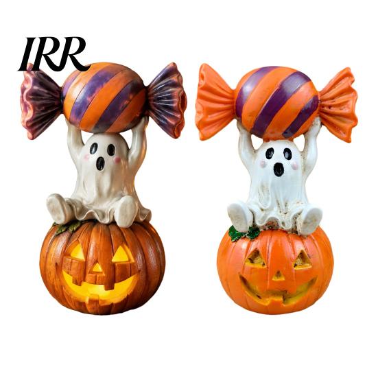 Cute Pumpkin Decor Halloween Ghost Figurine, Sitting on Holding Candy Fall Seasonal Accents Statue, Spooky Resin Table Ornament for Indoor Mantle