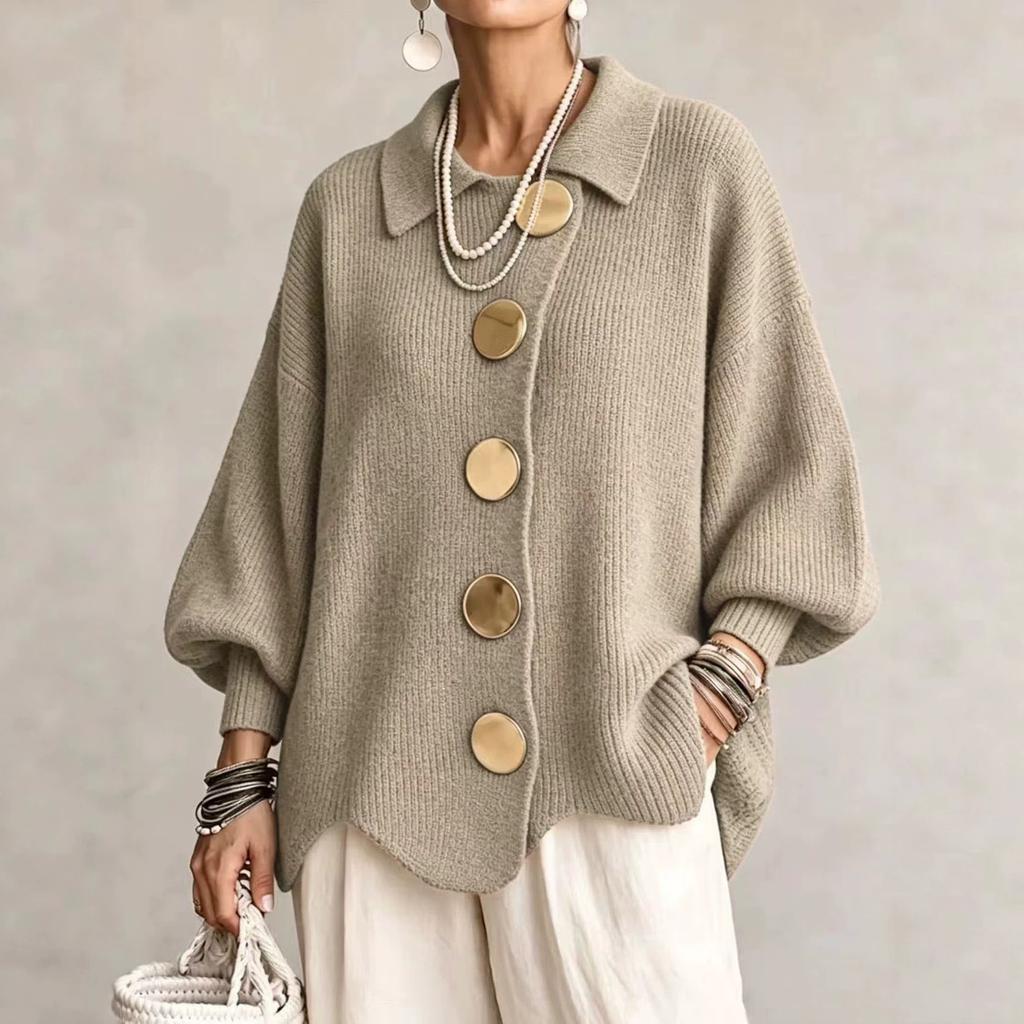 Women Turn Down Collar Long Sleeve Thick Knit Sweater Casual Loose Outerwear Top For Ladies