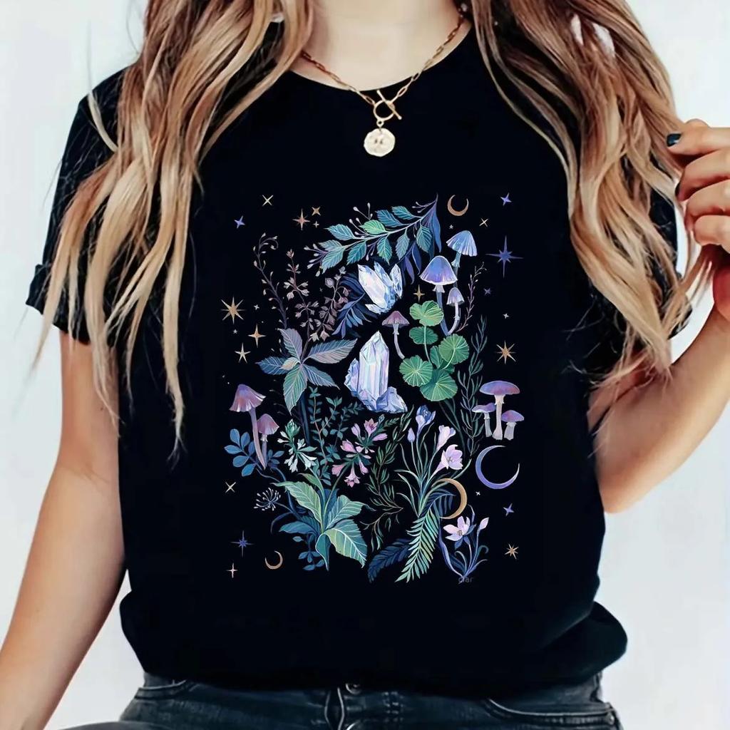 Cute mushroom print pattern, women's top short sleeve, women's new black print fashion T-shirt