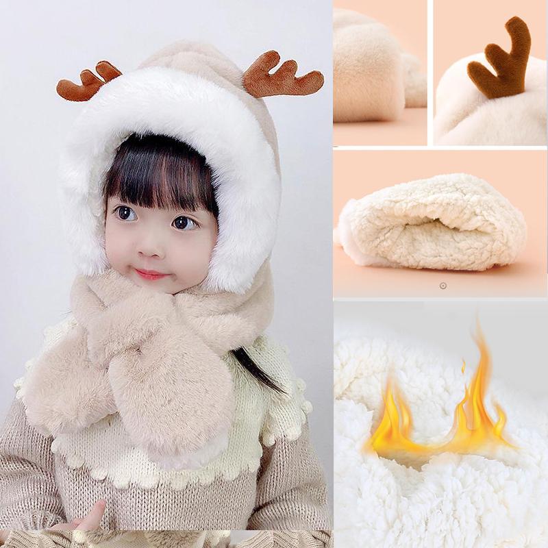 Рождественская детская зимняя теплая шапка для маленьких мальчиков и девочек, милый шарф с капюшоном и рогами оленя и лося, шарф-ушанка
