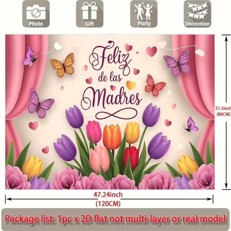 2D Pink Curtain & Tulip Feliz de las Madres Photo Booth Background