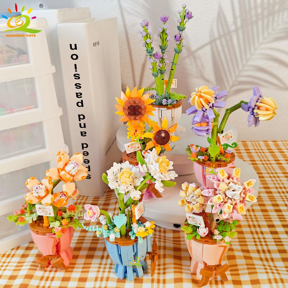 HUIQIBAO MOC Модель Цветка Микро Строительный Блок DIY Вечный Букет Украшение для Дома Стола Стола Растение Кирпич Подарок Девочке Детская Игрушка
